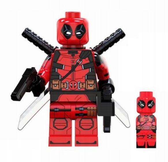 Klocki figurka ludzik DEADPOOL i MINI Deadpool 2-główki miecze pistolety podstawka (2)