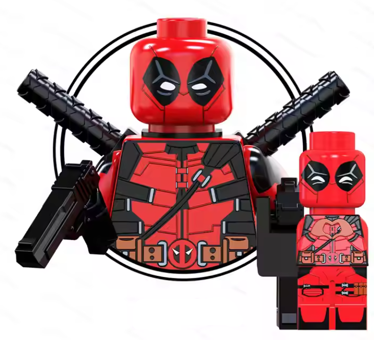 Klocki figurka ludzik DEADPOOL i MINI Deadpool 2-główki miecze pistolety podstawka (3)