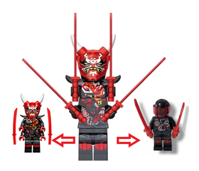 Klocki figurka ludzik MR. E NINJA + BIKER 4-miecze 2-główki kask
