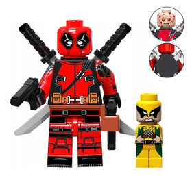 Klocki figurka ludzik DEADPOOL i MINI WOLVERINE AVENGERS Marvel 2-główki miecze pistolety podstawka
