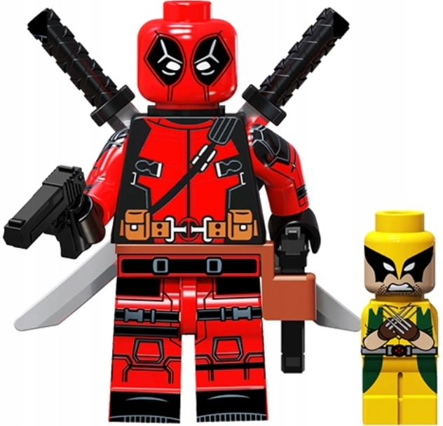 Klocki figurka ludzik DEADPOOL i MINI WOLVERINE AVENGERS Marvel 2-główki miecze pistolety podstawka (2)