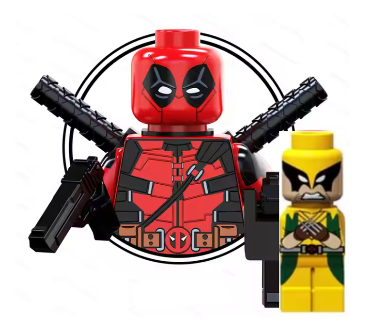 Klocki figurka ludzik DEADPOOL i MINI WOLVERINE AVENGERS Marvel 2-główki miecze pistolety podstawka (3)