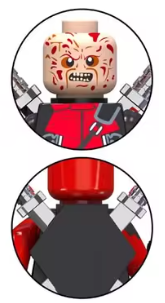 Klocki figurka ludzik DEADPOOL i MINI WOLVERINE AVENGERS Marvel 2-główki miecze pistolety podstawka (5)