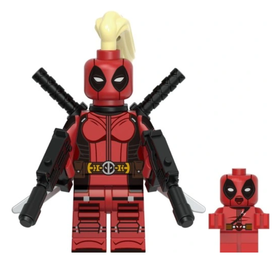 Klocki figurka ludzik LADY-DEADPOOL + mini Deadpool 2-miecze 2-uzi pas kitka podstawka