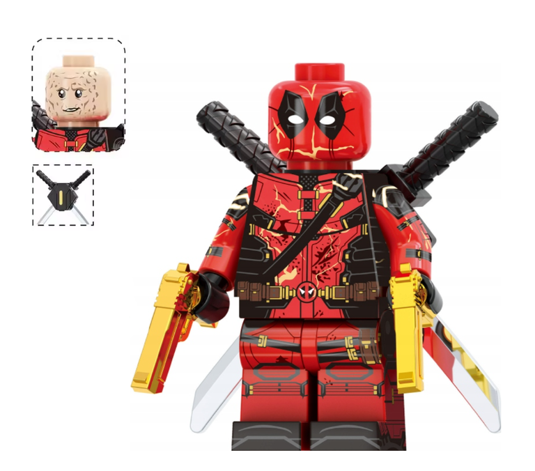 Klocki figurka ludzik DEADPOOL złote pistolety 2-główki 2-miecze podstawka (1)