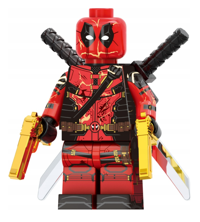 Klocki figurka ludzik DEADPOOL złote pistolety 2-główki 2-miecze podstawka (3)