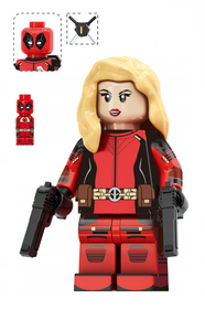 Klocki figurka ludzik LADY-DEADPOOL + mini Deadpool 2-główki 2-miecze 2-pistolety pas blond podstawka