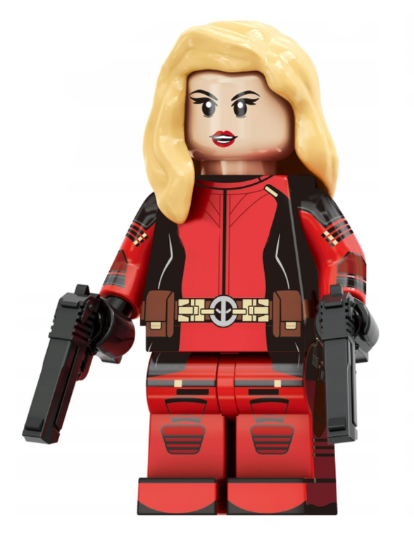 Klocki figurka ludzik LADY-DEADPOOL + mini Deadpool 2-główki 2-miecze 2-pistolety pas blond podstawka (2)